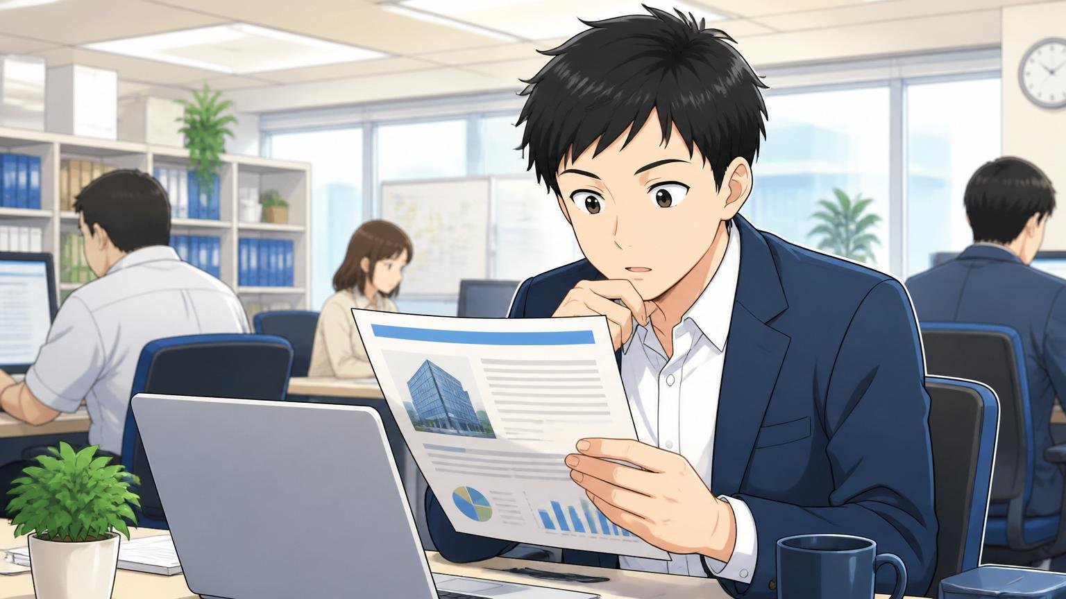 カケハシの基本情報を調べる/IT企業のオフィスで会社概要の資料を確認する男性社員