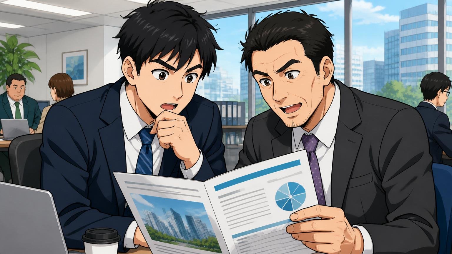 恵比寿のオフィスビルで会社概要の資料を確認するスーツ姿の30代男性と40代男性社員