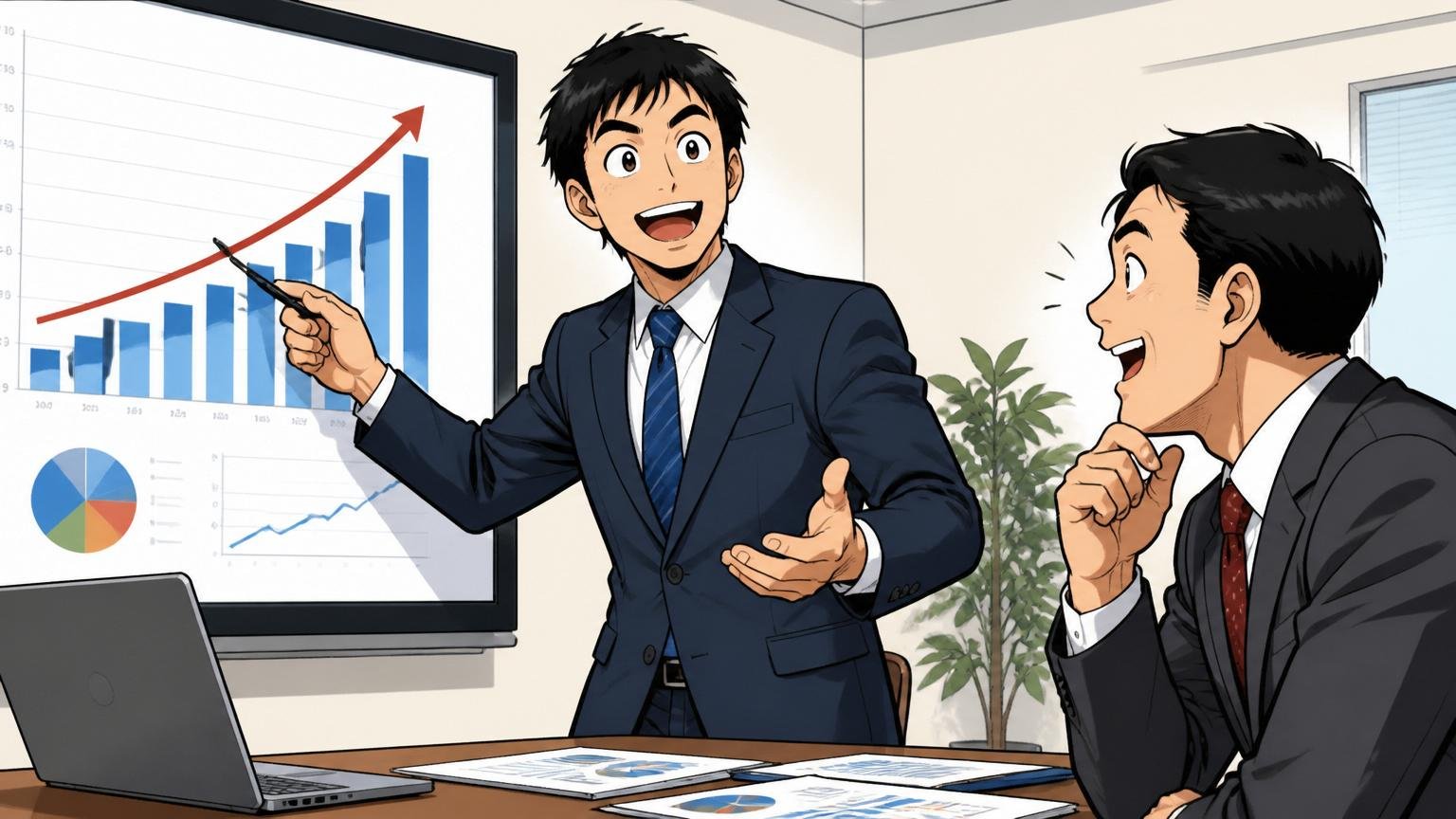 売上は右肩上がり。会議室で業績グラフの資料を指さし説明する30代男性社員と頷く同僚