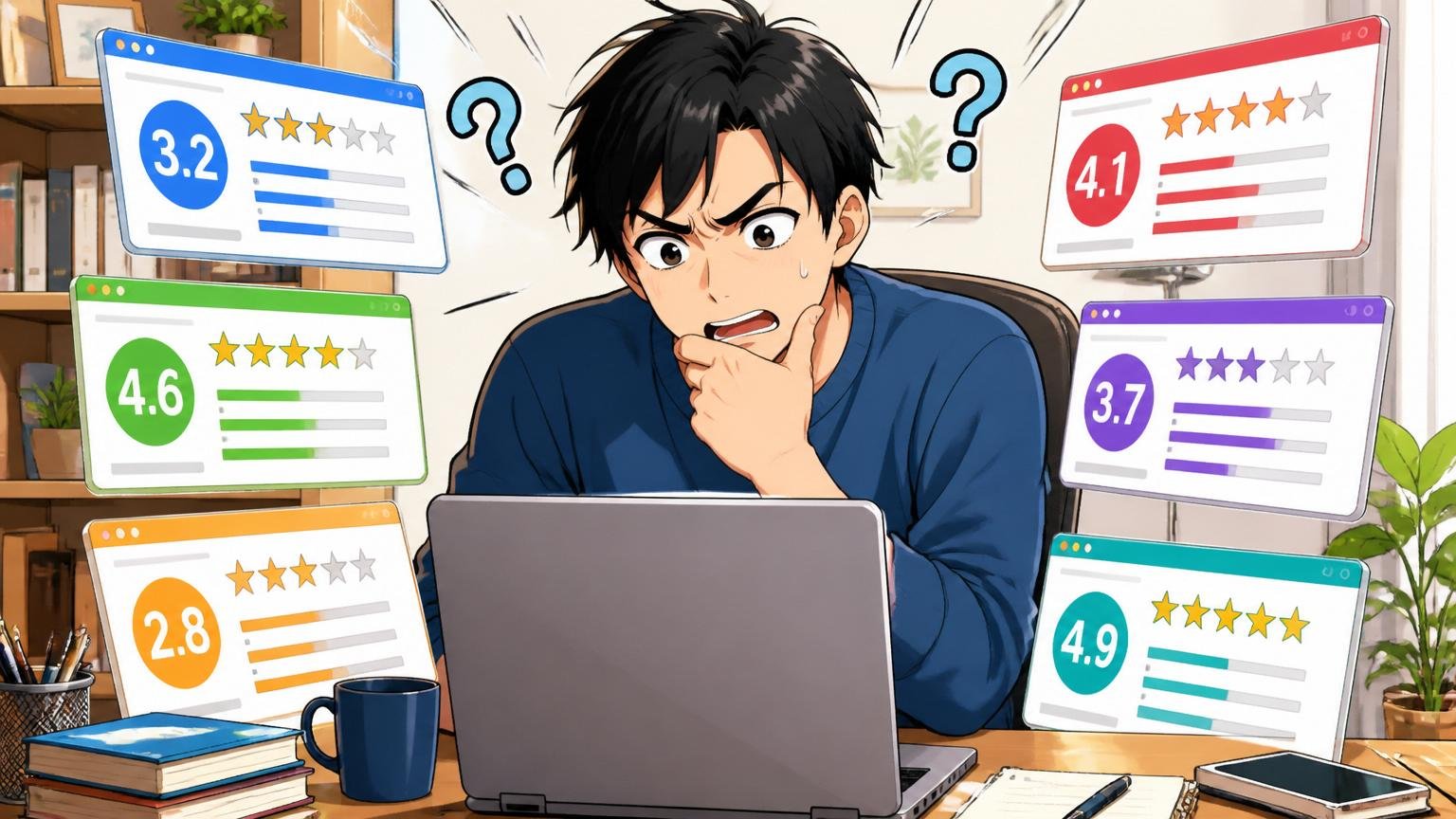 口コミサイトを比較する。在宅のデスクで30代男性が複数の評価サイトのスコアを並べて見比べ困惑する