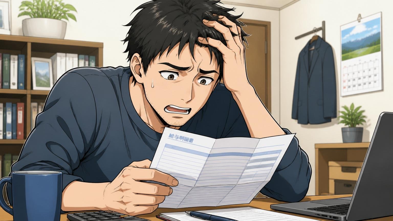給与が低いという不満。自宅のデスクで30代男性が給与明細を見てため息をつき頭を抱える表情