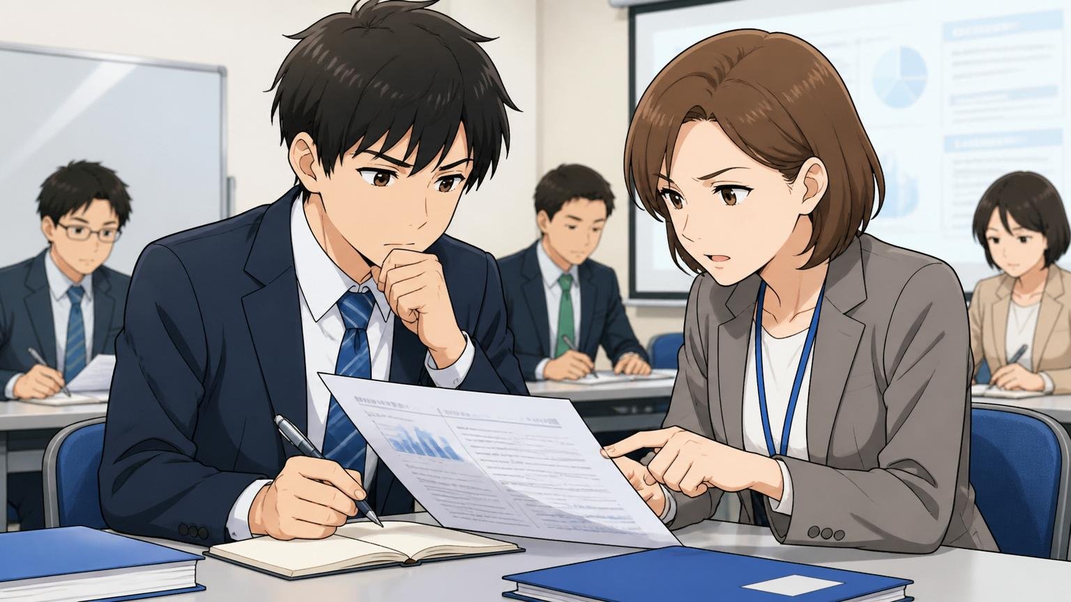 企業のコンプライアンス研修ルームで真剣に資料を確認する若手社員と人事担当者の落ち着いた様子
