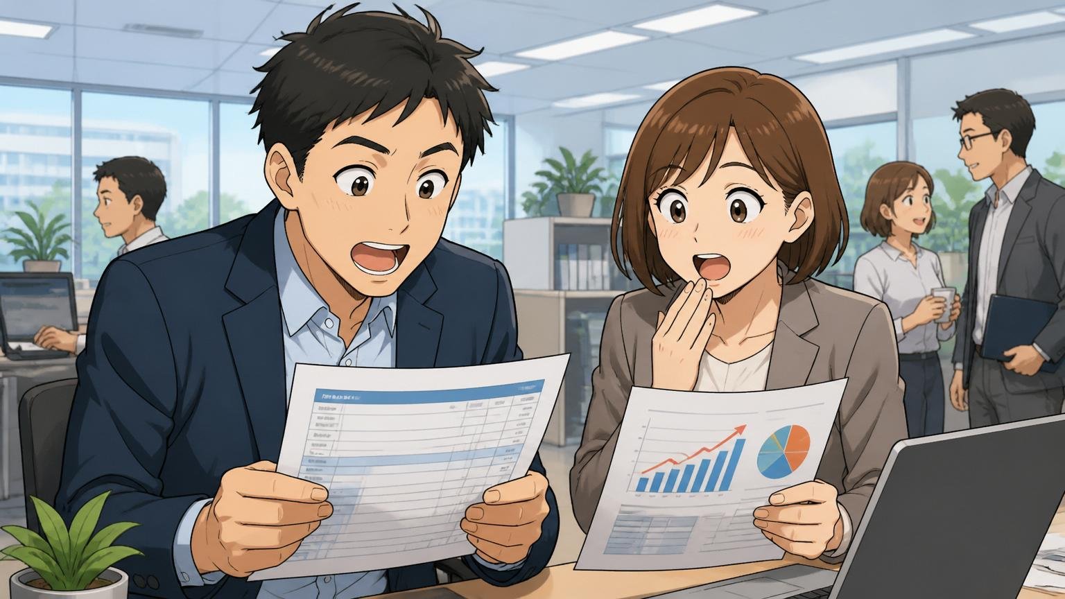 平均年収788万円・残業22時間・有給89.4%の実態。大手SIerの綺麗なオフィスで給与明細と業績資料を見つめる30代男女エンジニア2名の安心と驚きの表情