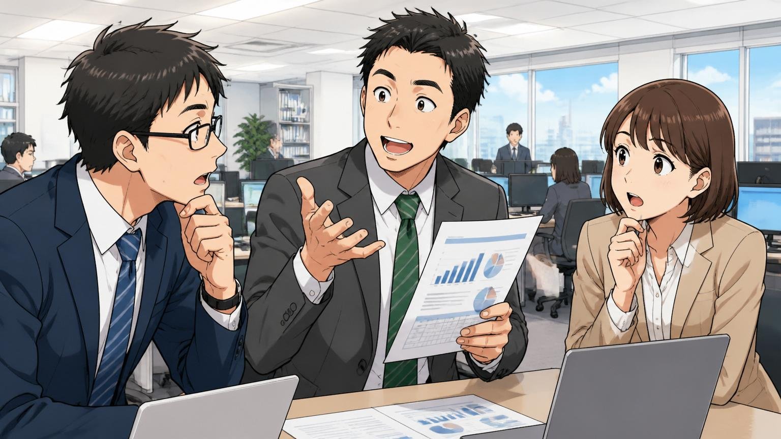 住友生命グループのユーザー系SIer、企業の本社オフィス、ビジネスパーソン3人、説明する表情