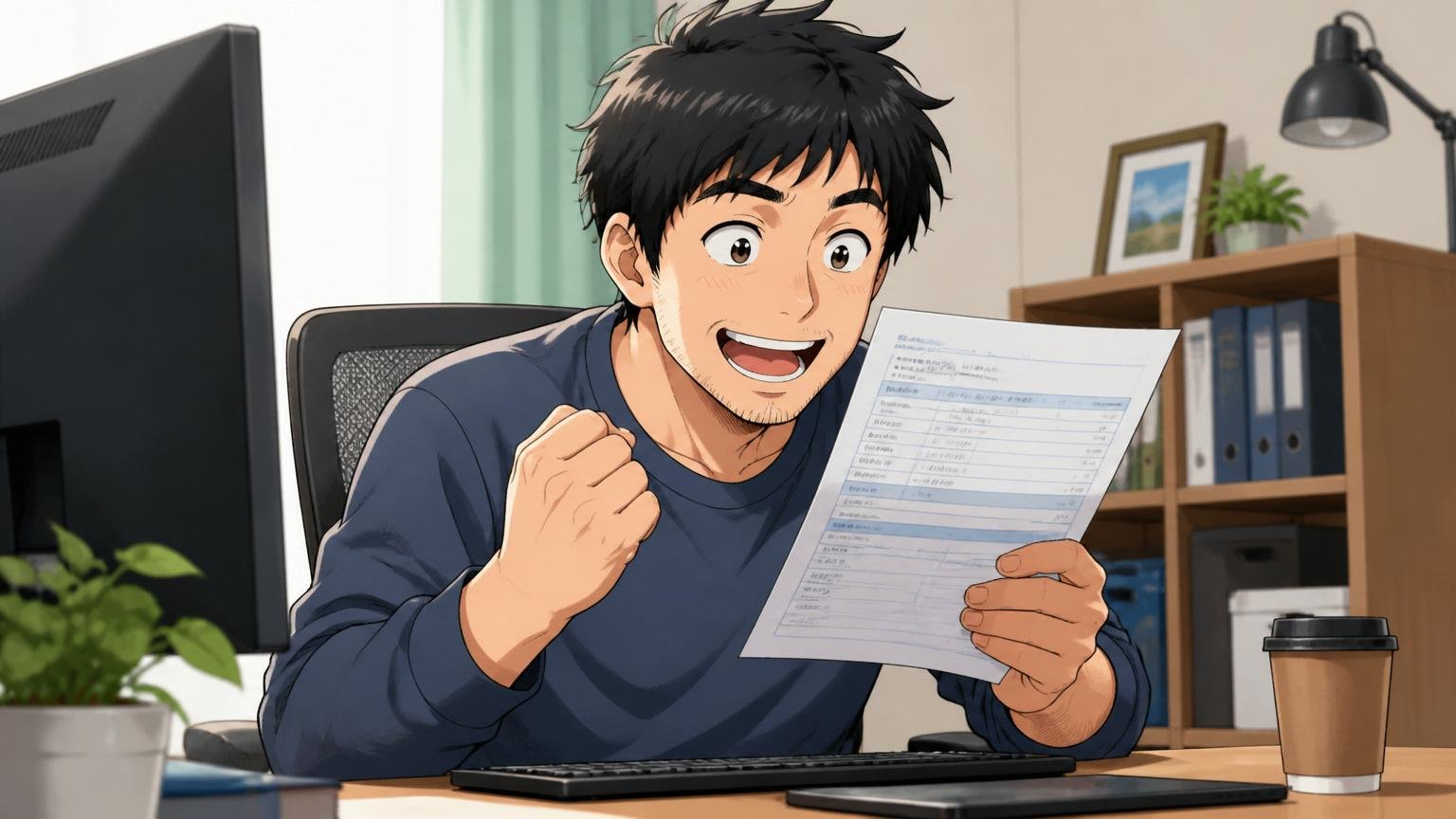 給与明細を確認して安心した表情を見せる30代エンジニア、自宅のデスクで1人