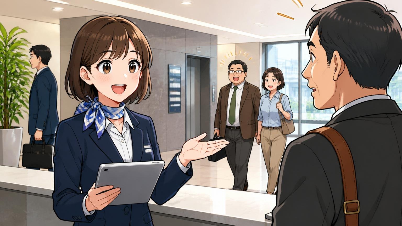 新大阪のオフィスビル受付に立つ20代女性社員1名がタブレットを持って案内する場面