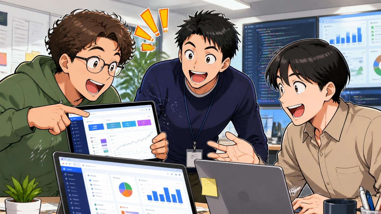 都内のSaaS企業オフィスで複数のプロダクト画面を見せ合う3名のエンジニアが楽しそうに議論