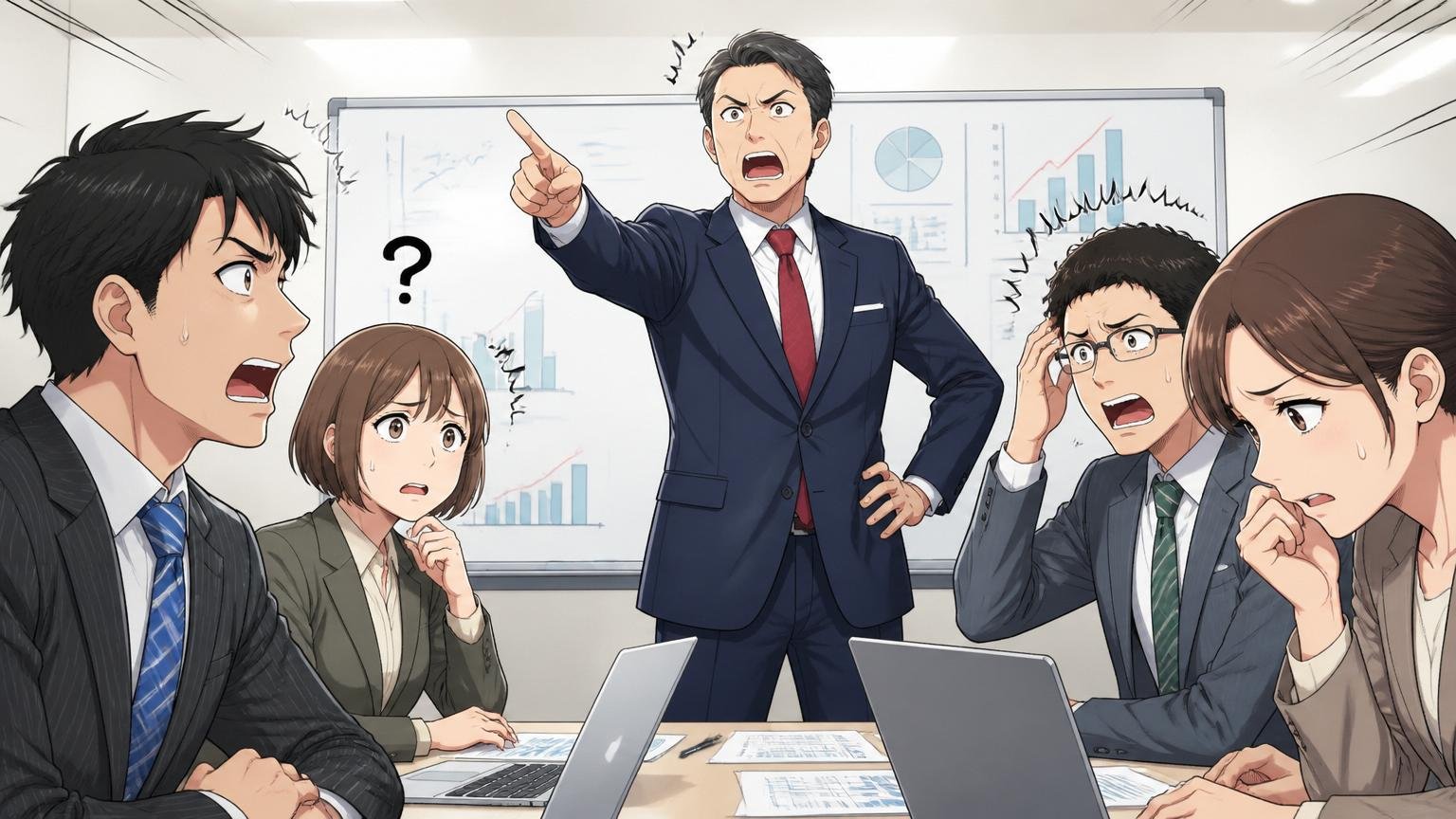 企業の会議室で経営層が一方的に方針を伝え社員が困惑する様子