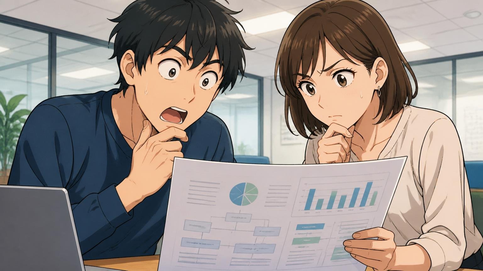 大手クライアント案件のレベルに驚くエンジニア。Web系企業の打ち合わせフロア。男性1人女性1人。プレゼン資料を見て真剣な表情