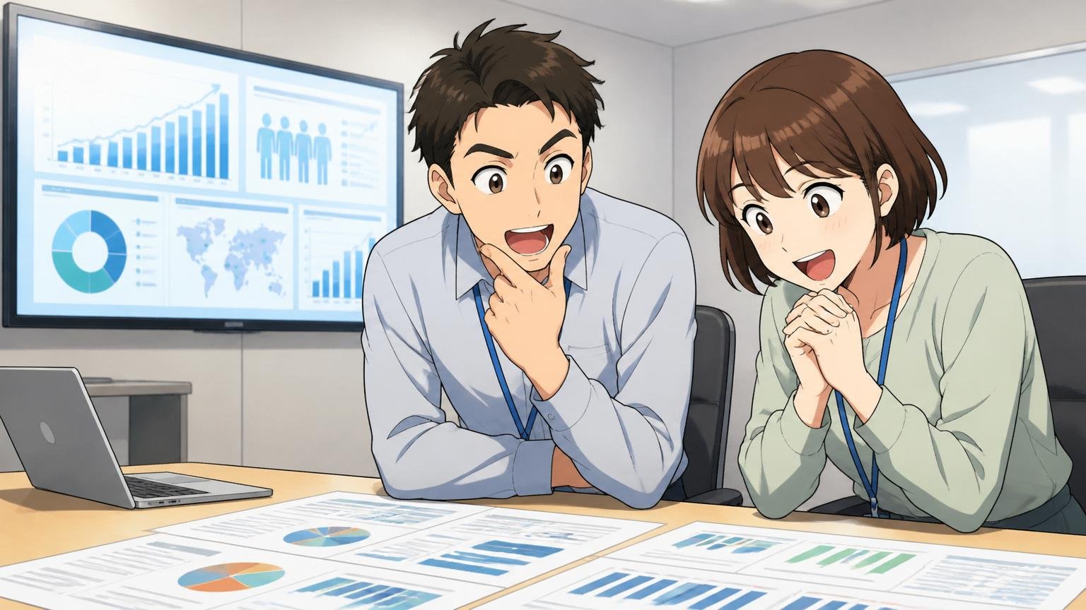 数字で見るJFEシステムズの規模感、SIerの会議室でIR資料を眺める30代男女エンジニア2人