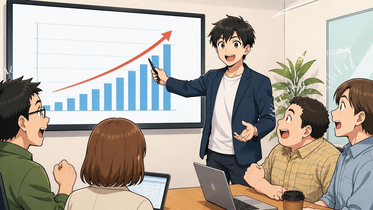 会議室で売上推移グラフを指して説明する若手社員。Web系スタートアップのミーティングルーム、20代男性1人が右肩上がりのグラフを指差す
