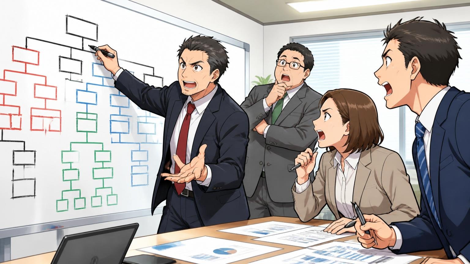 企業の会議室で経営層が大きなホワイトボードに組織図を書きながら議論する場面