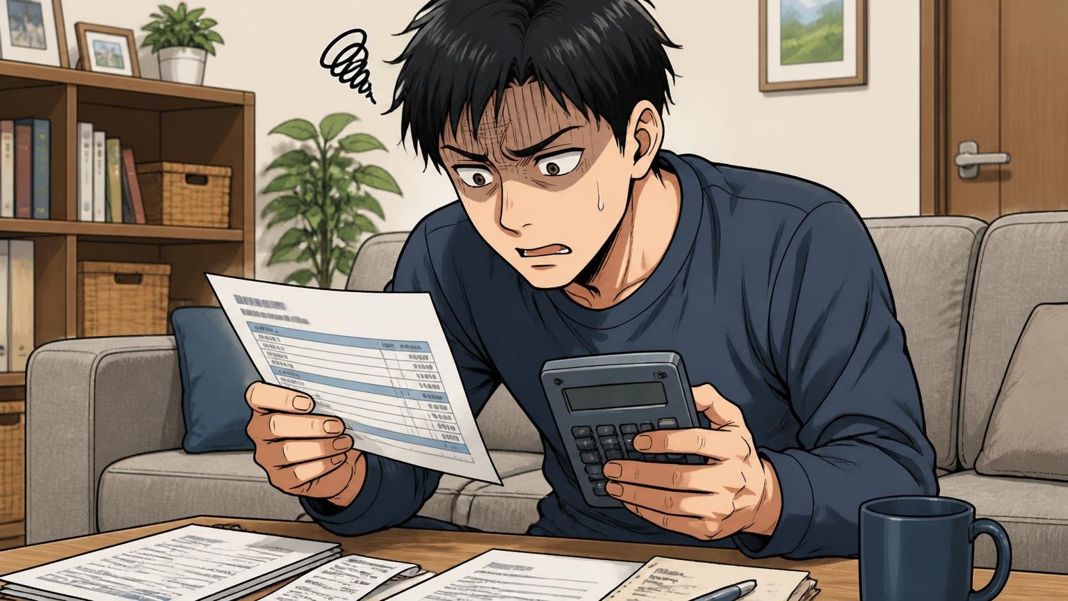 自宅のリビングで給与明細を見つめる30代男性・電卓を手に表情を曇らせる・1人