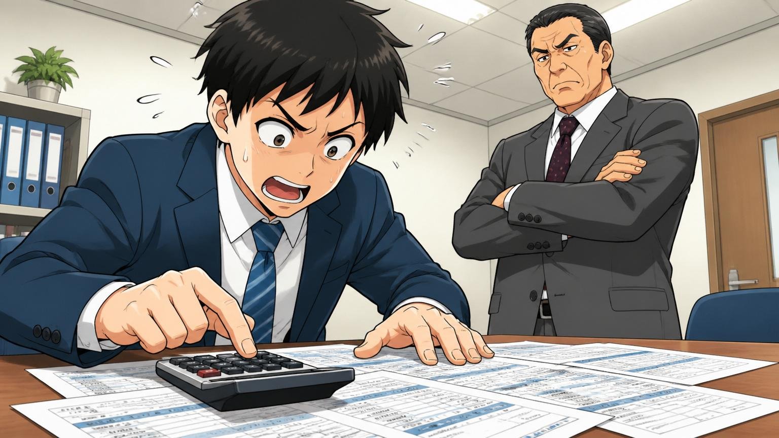 企業の会議室の机に給与明細を広げて電卓を叩く若手社員と腕組みする上司の対比