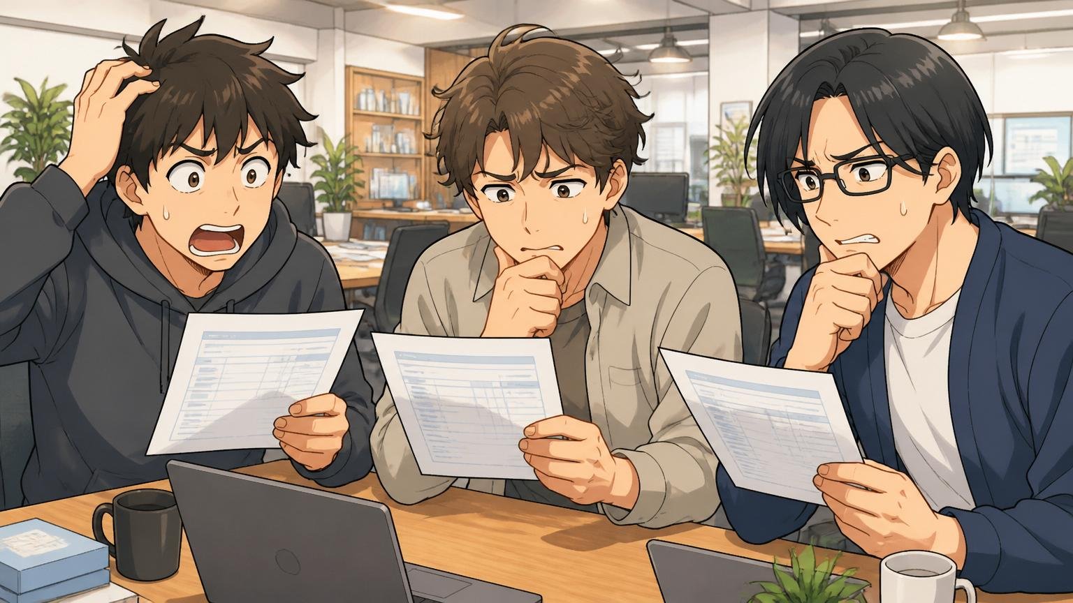 Web系スタートアップのオフィスで3人の若手エンジニアが給与明細を見ながらモヤッとした表情で会話する
