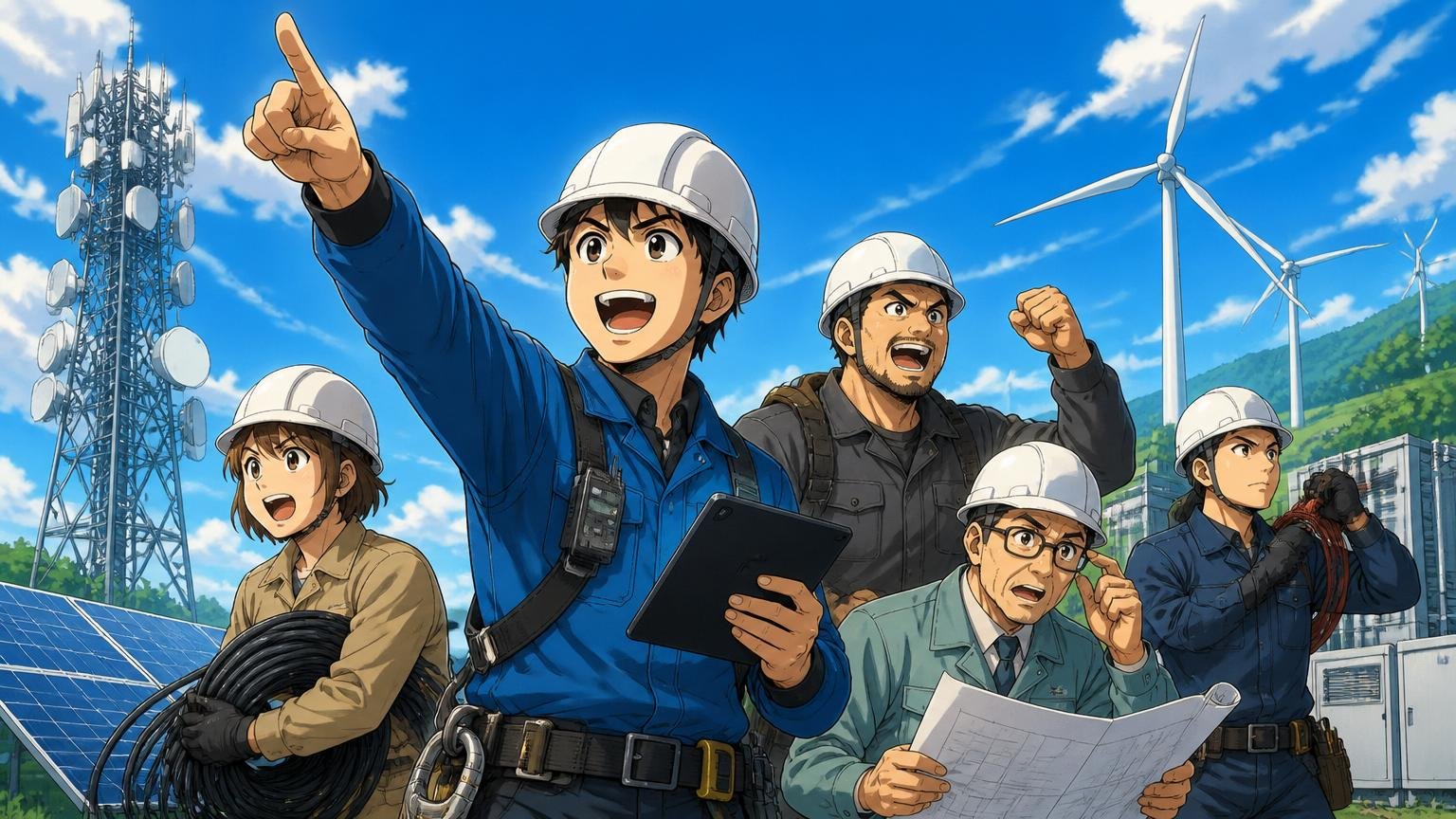 4つの事業領域を象徴する現場、通信基地局と再エネ発電所が背景にある屋外で作業を進める4〜5人の作業員チーム