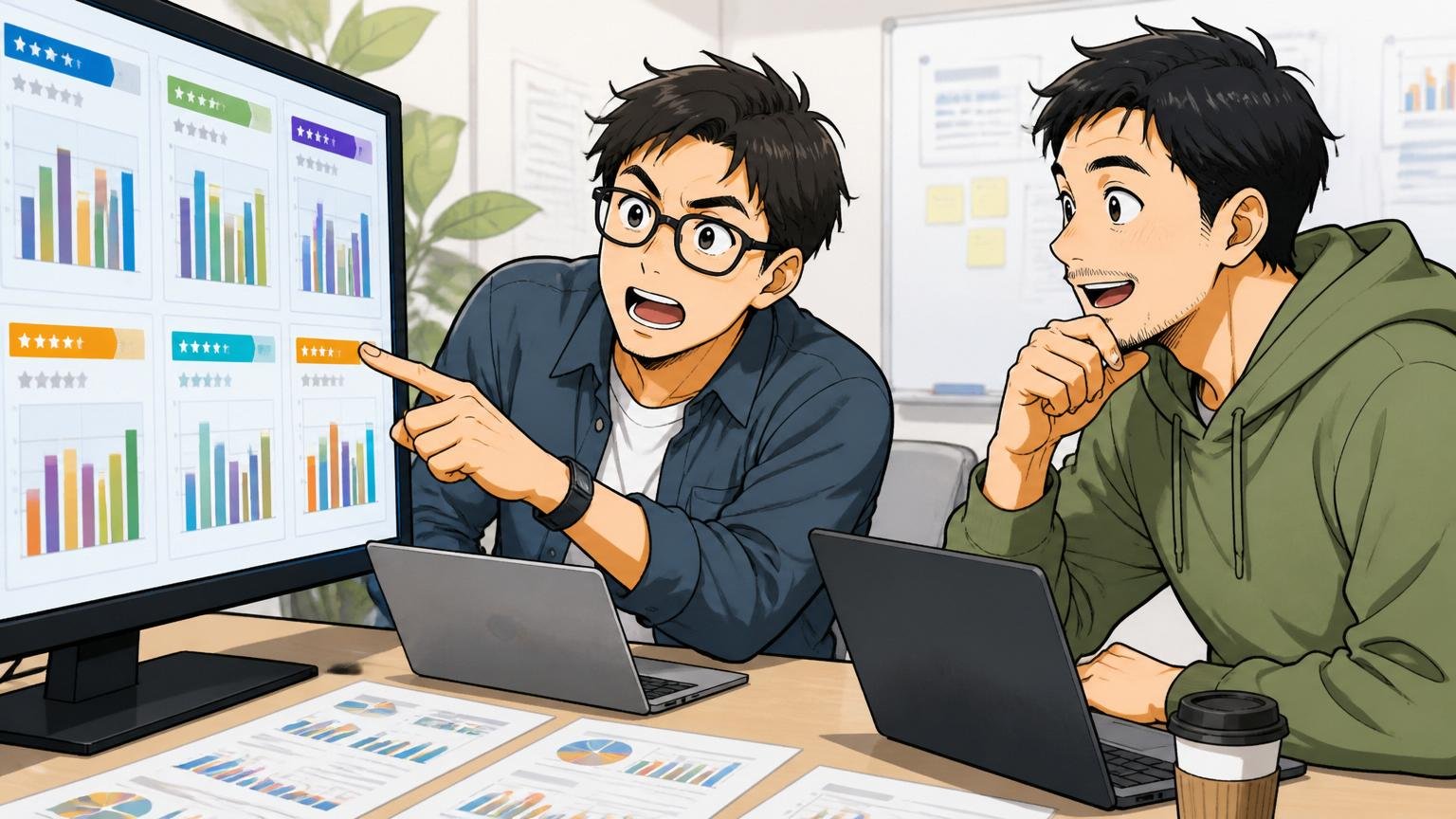 企業の会議室で30代エンジニア2人が複数の口コミサイトの平均年収データを並べて比較し、1人が興味深そうに頷いている