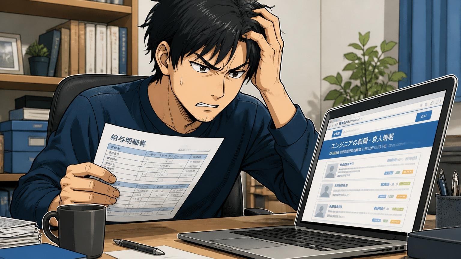 自宅のデスクで給与明細を見ながらノートPCで転職サイトを開く30代エンジニア1人、不満の表情