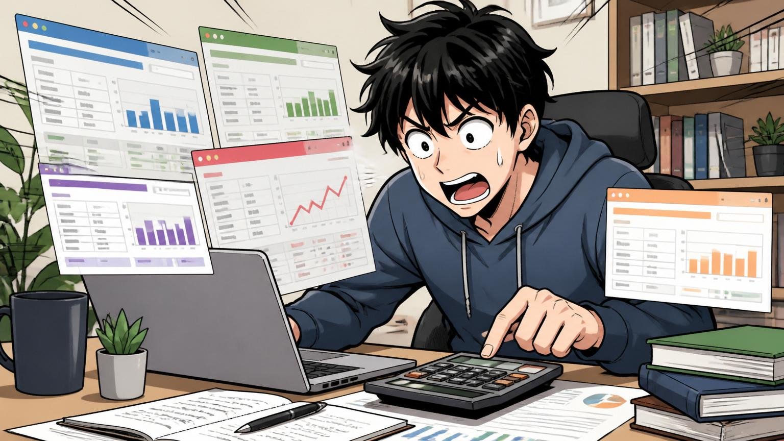 自宅のデスクでノートPCで複数の年収データサイトを比較するエンジニアが電卓を叩く