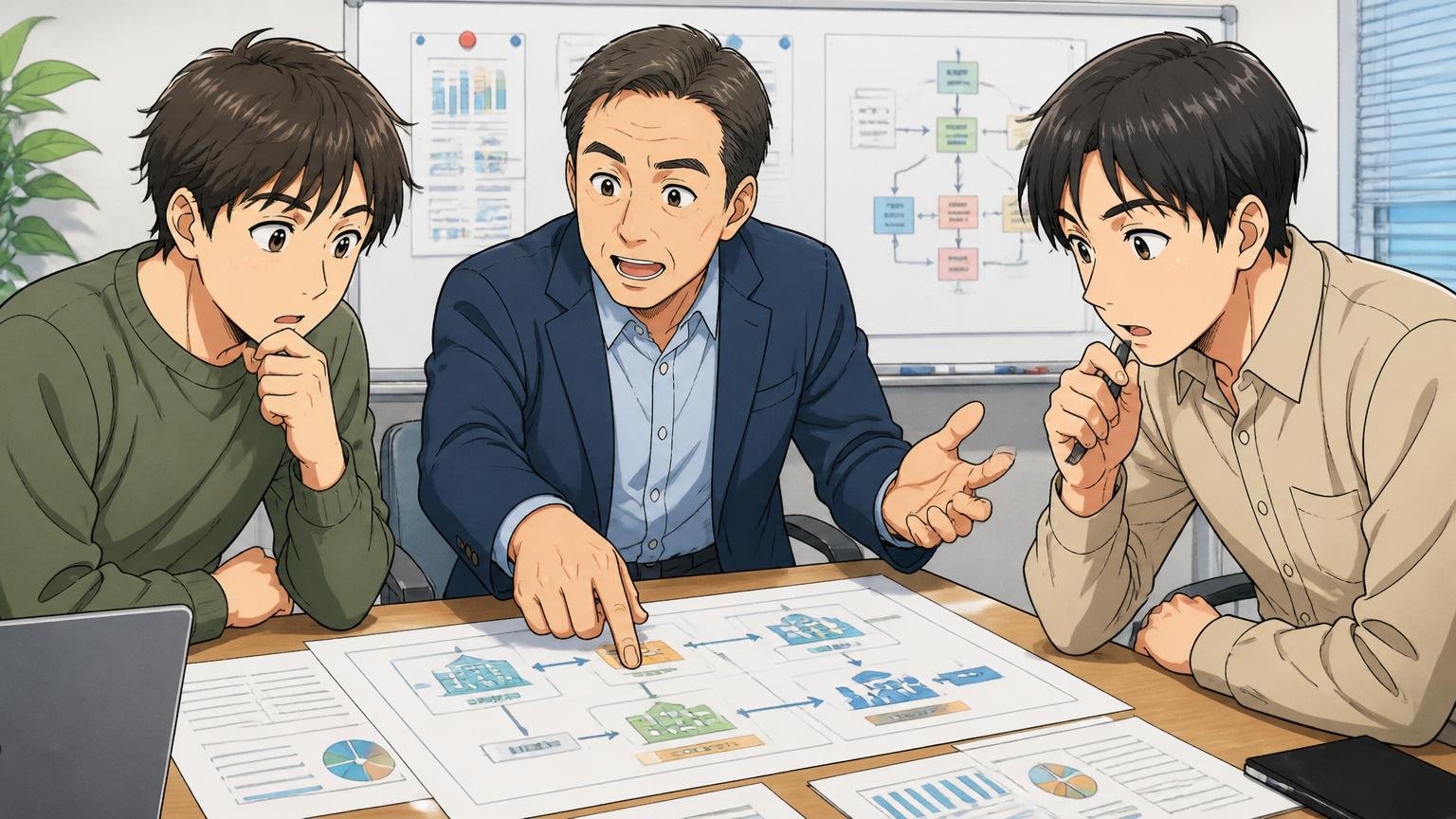 NTTデータ本体とカスタマサービスは別の会社である｜SIerの会議室で資料を広げて説明する40代男性メンターと聞き入る20代後半男性エンジニア2人
