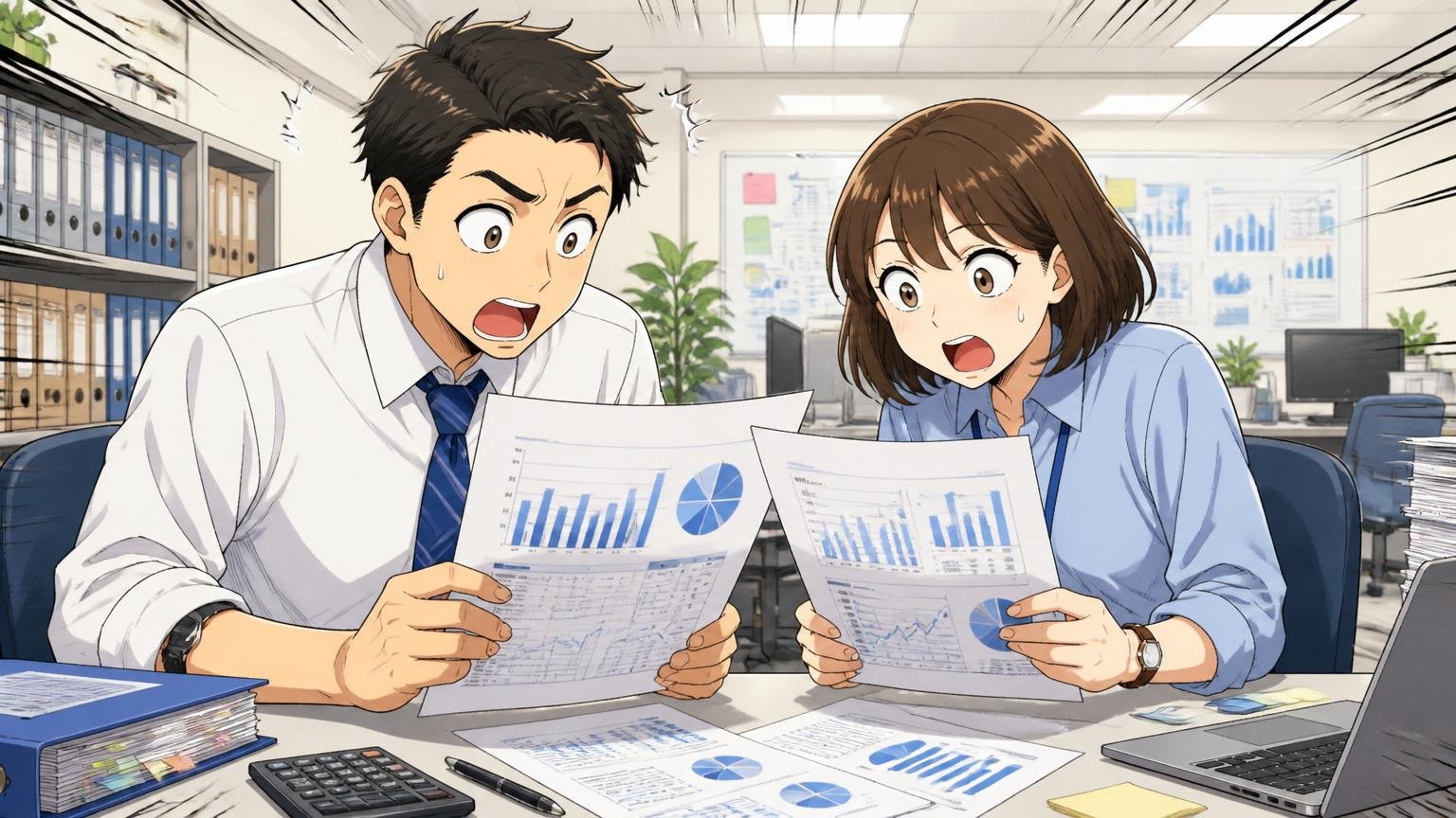 財務規模感 売上従業員年収 企業のオフィス 経理担当2人がIR資料を確認
