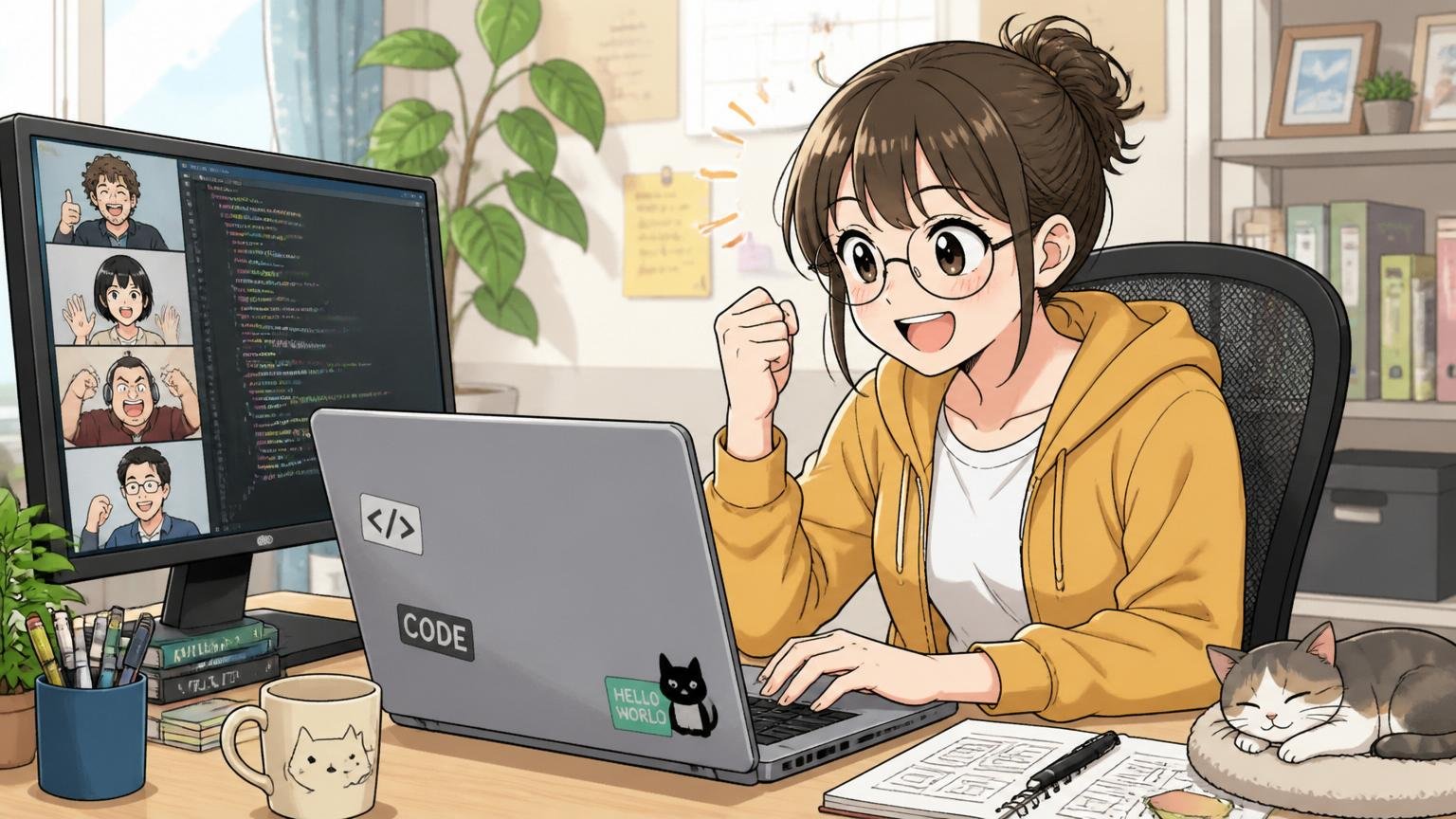 自宅のデスクで在宅勤務する女性エンジニアの和やかなテレワーク風景
