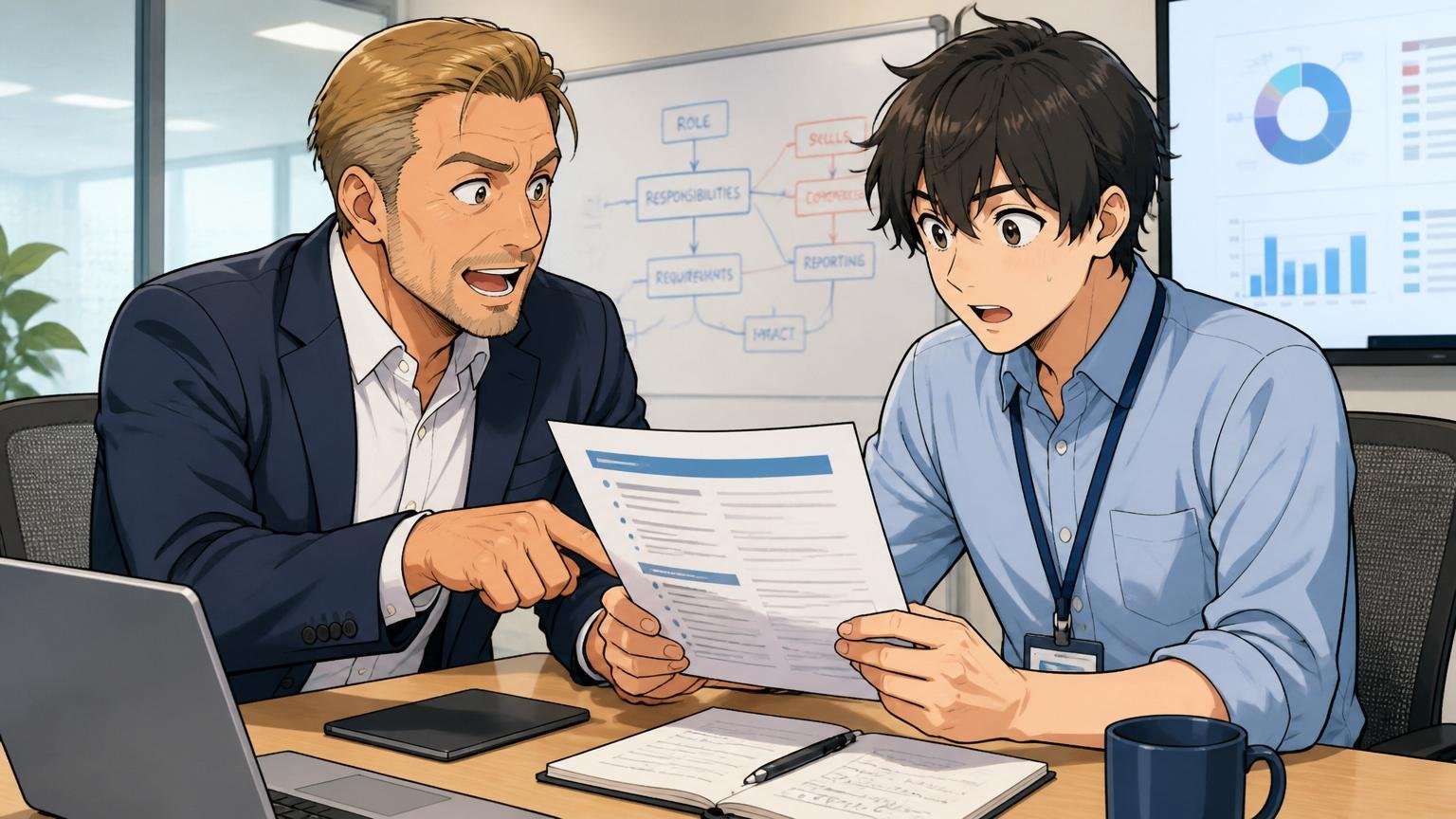 外資系ITの会議室で上司と部下がジョブディスクリプションの書類を見ながら話し合う様子