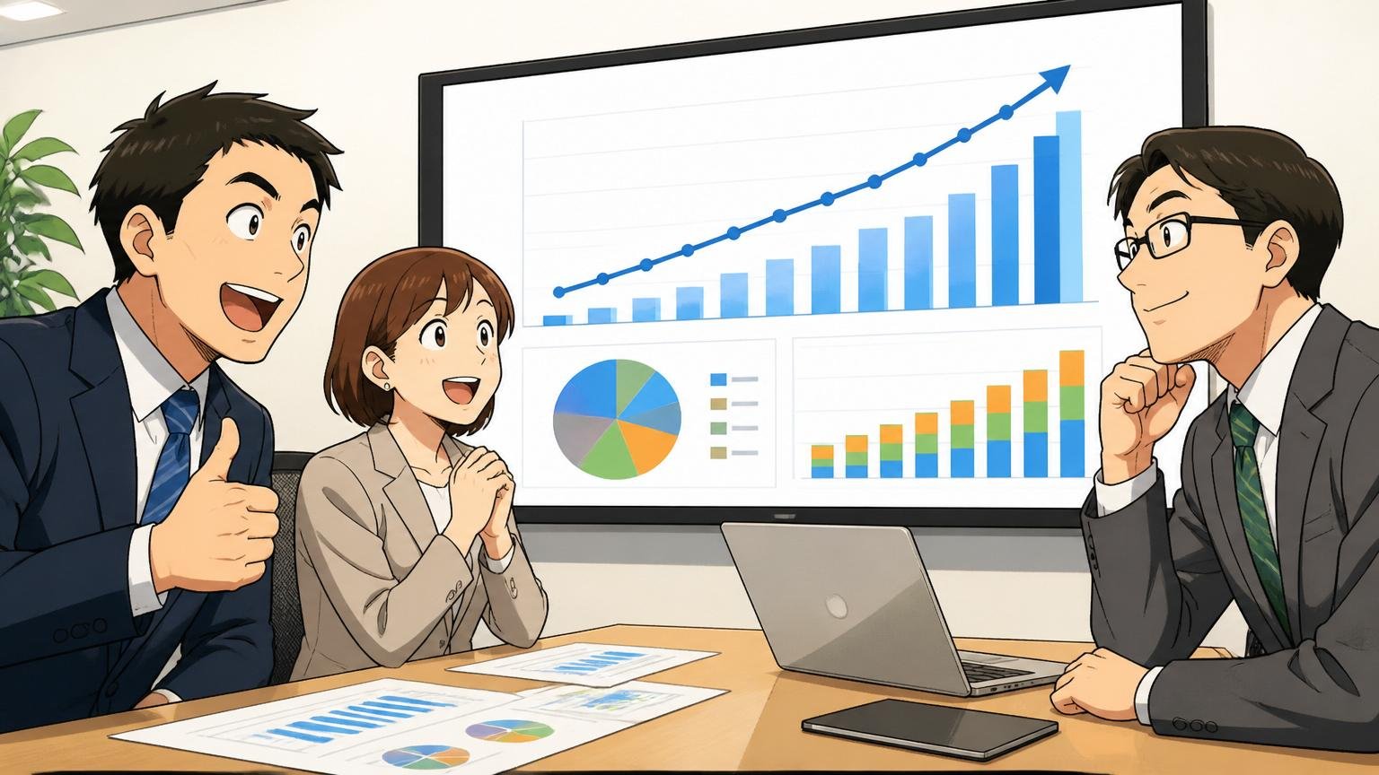好調な業績推移を示す決算資料。Web系上場企業の会議室で男性2名・女性1名、決算グラフを見て頷く表情