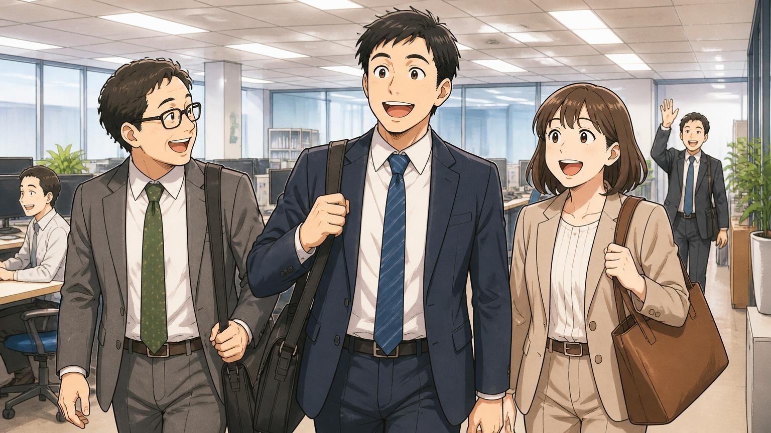 定時退社する社員たち/SIerのオフィス/30代男女3人/カバンを持って笑顔でフロアを後にする