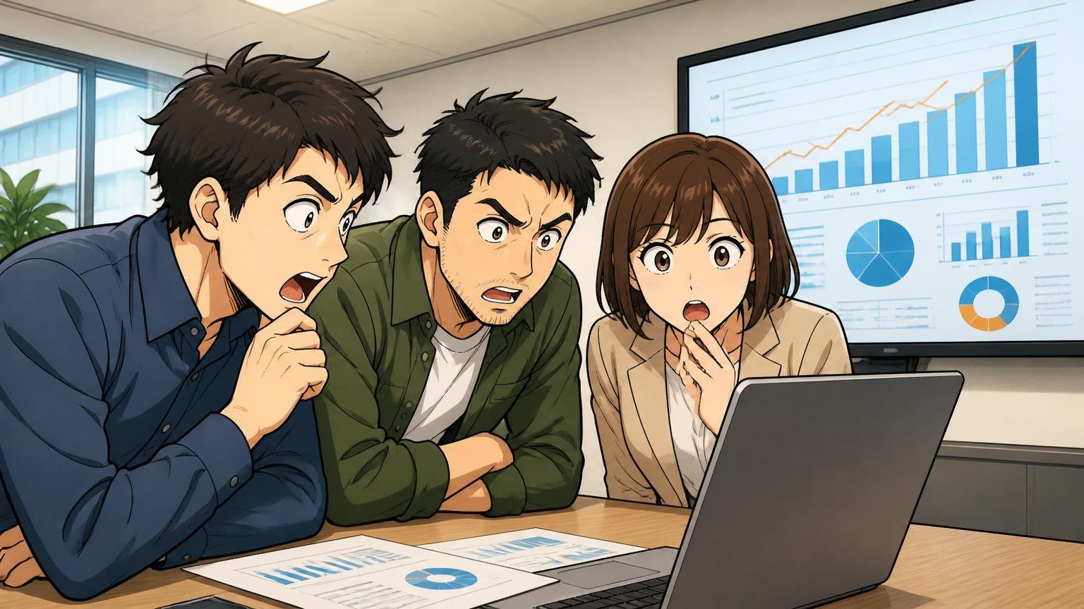 OpenWork総合評価3.87は上位1%企業の水準／企業の会議室で評価データを確認／中堅エンジニア2人と人事担当1人／グラフを真剣に見つめる