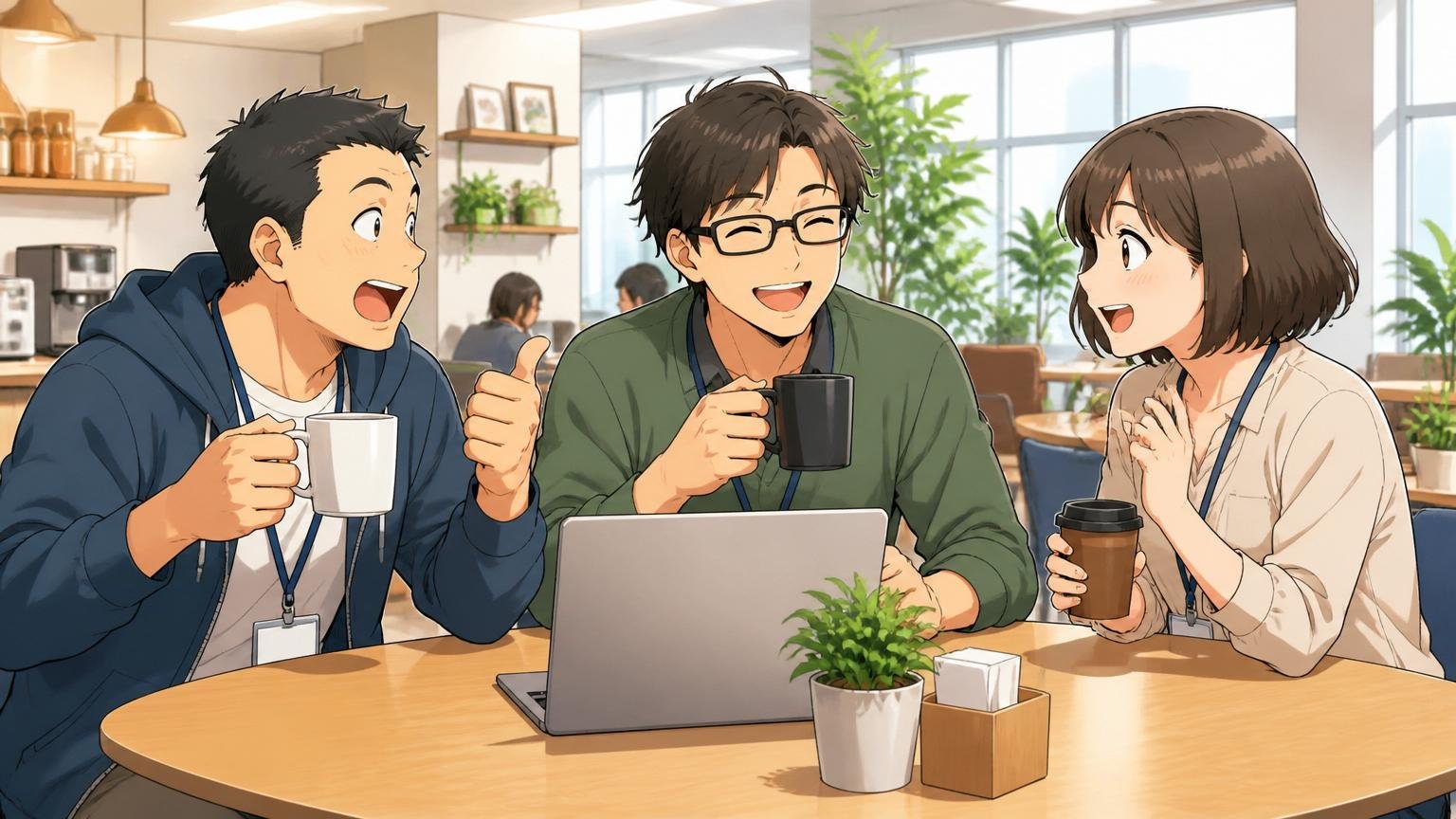 安定企業の福利厚生に満足するエンジニア。企業のオフィスのカフェスペースで、3人の社員が穏やかに談笑する