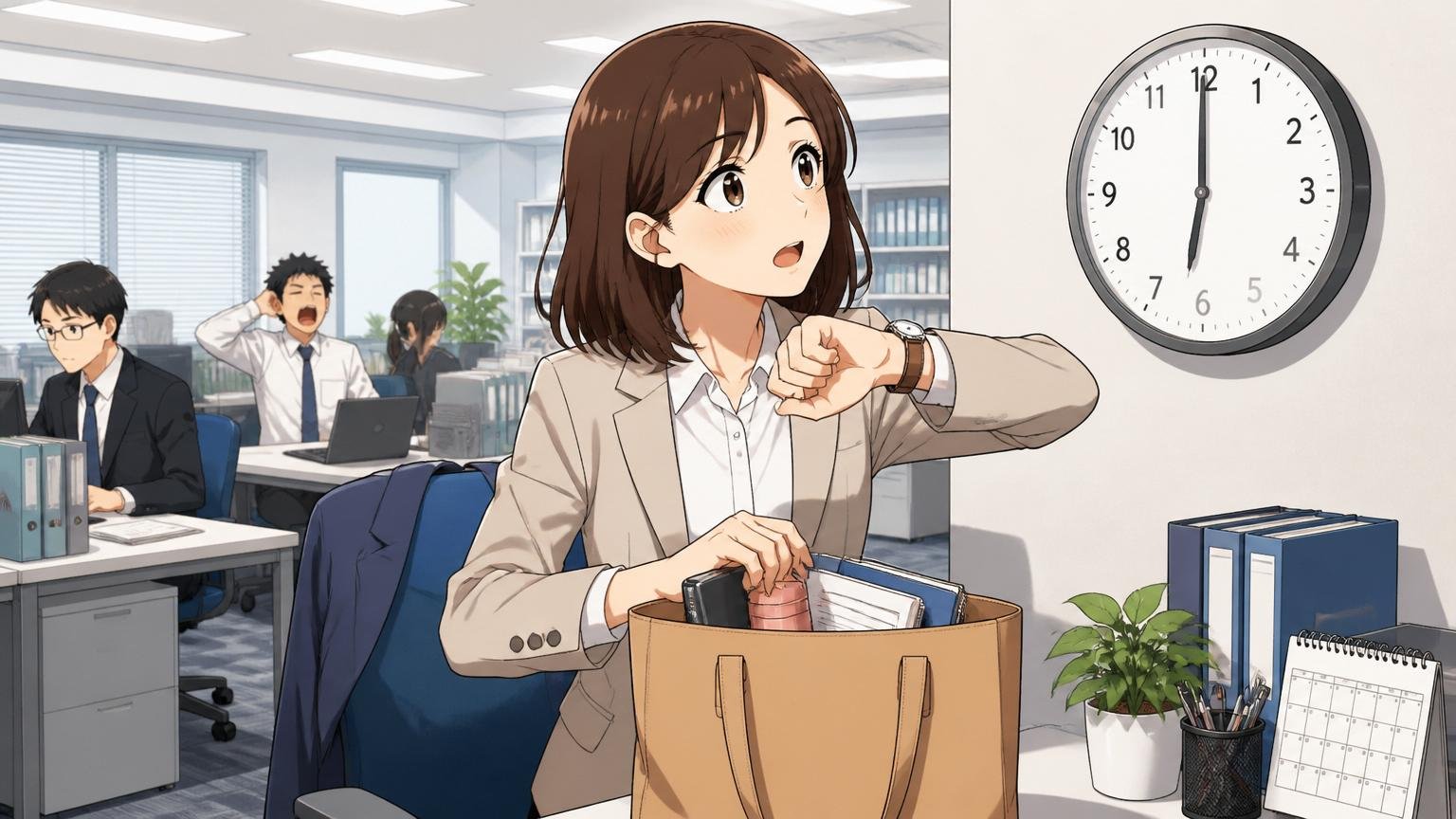企業のオフィスで30代女性社員1人が定時退社の時計を見ながら帰り支度をする
