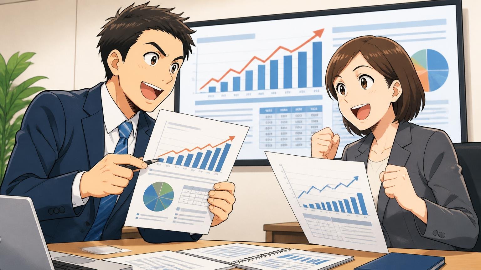 企業の会議室でIR担当者2人が決算資料を持って業績推移を議論、自信のある表情