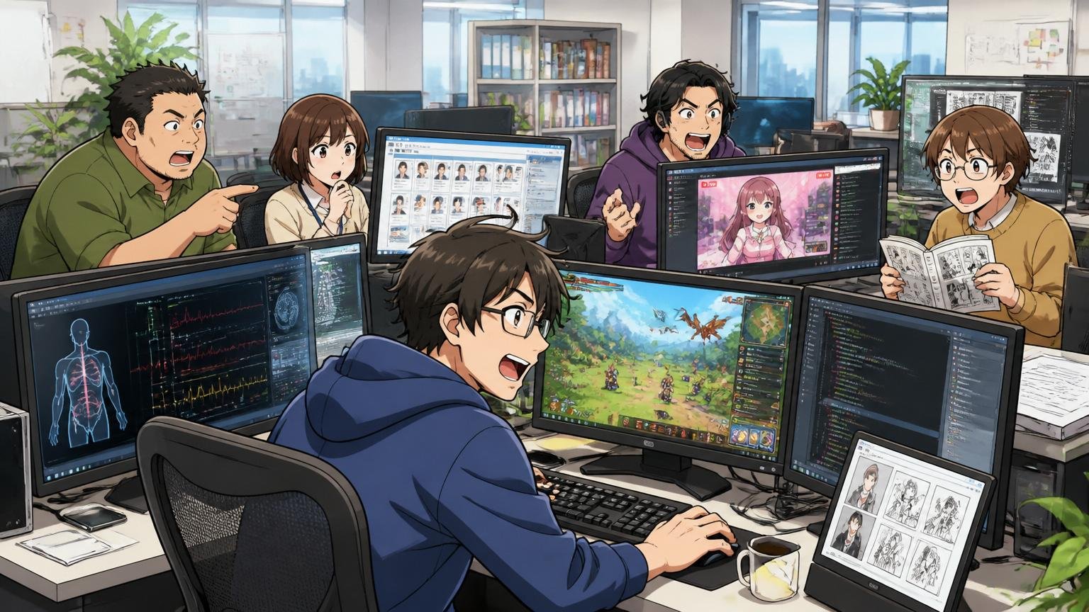 Web系企業のオフィスで医療・人事・配信・ゲーム・出版の各分野のモニターを操作する5人のエンジニア