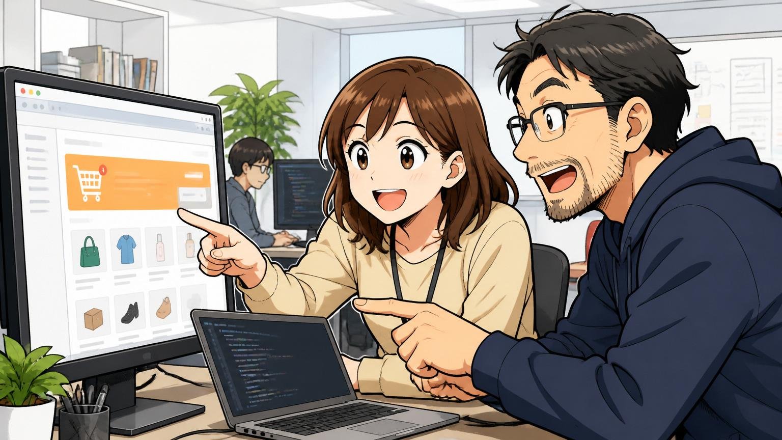 Web系事業会社のオフィスで30代女性と40代男性のエンジニアがモニターを指差しながらECサイトの開発について話している