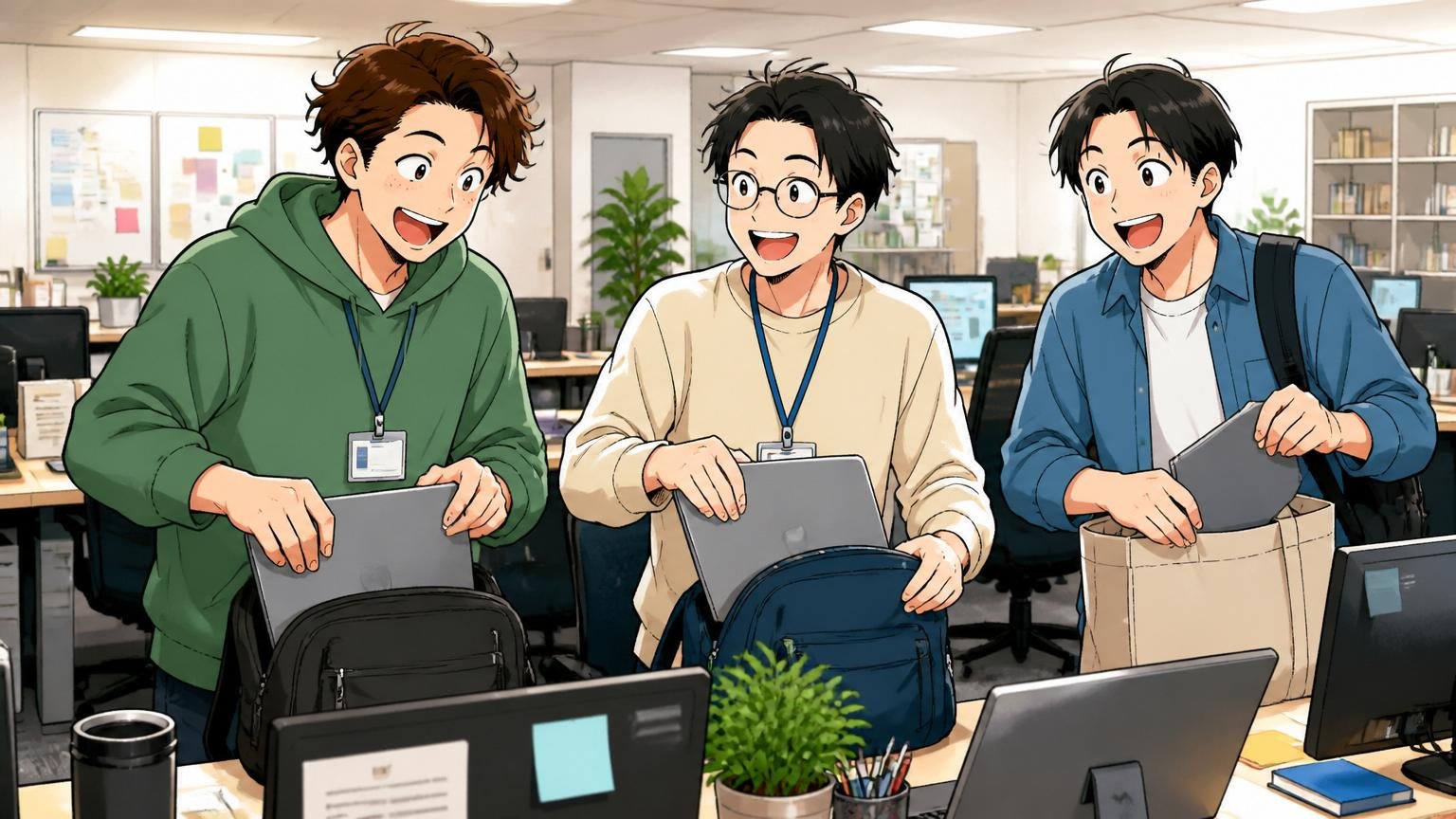 Web系スタートアップのオフィスで定時に帰宅する若手エンジニア3人が笑顔でPCを閉じている
