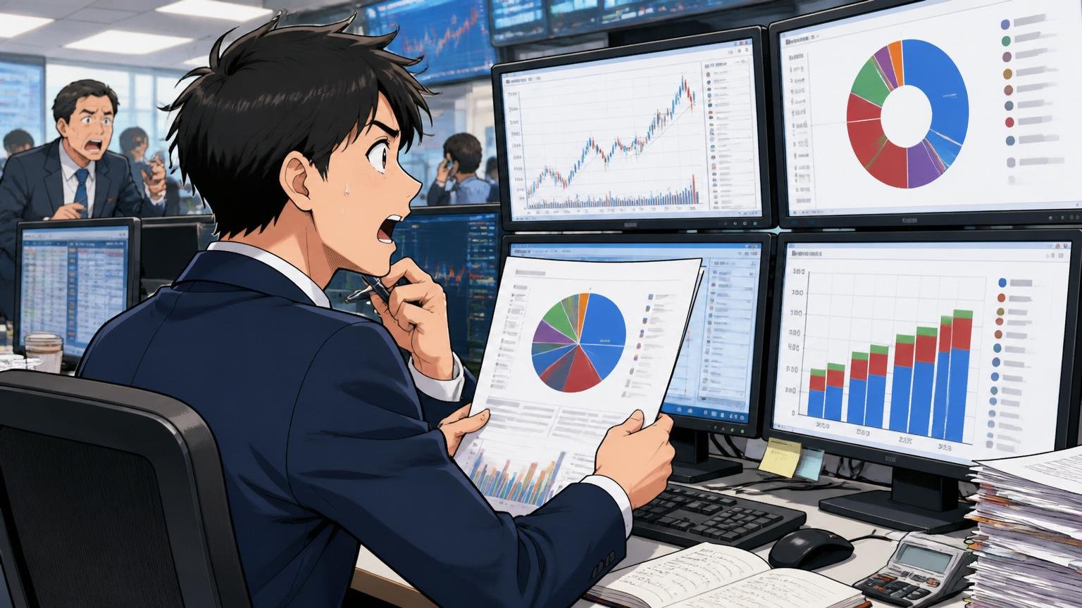 カカクコム持分法保有の意味。投資銀行のフロアで男性アナリスト1名が複数のモニターを前に株主構成資料を確認している場面