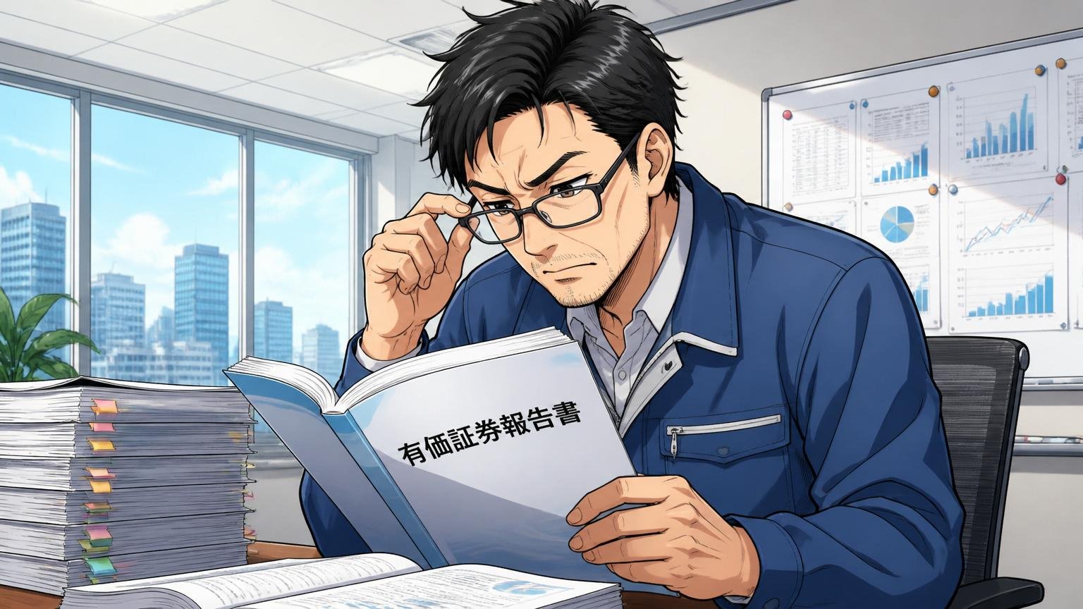 企業の会議室で有価証券報告書を読み込みメガネをかけた40代男性エンジニア1人