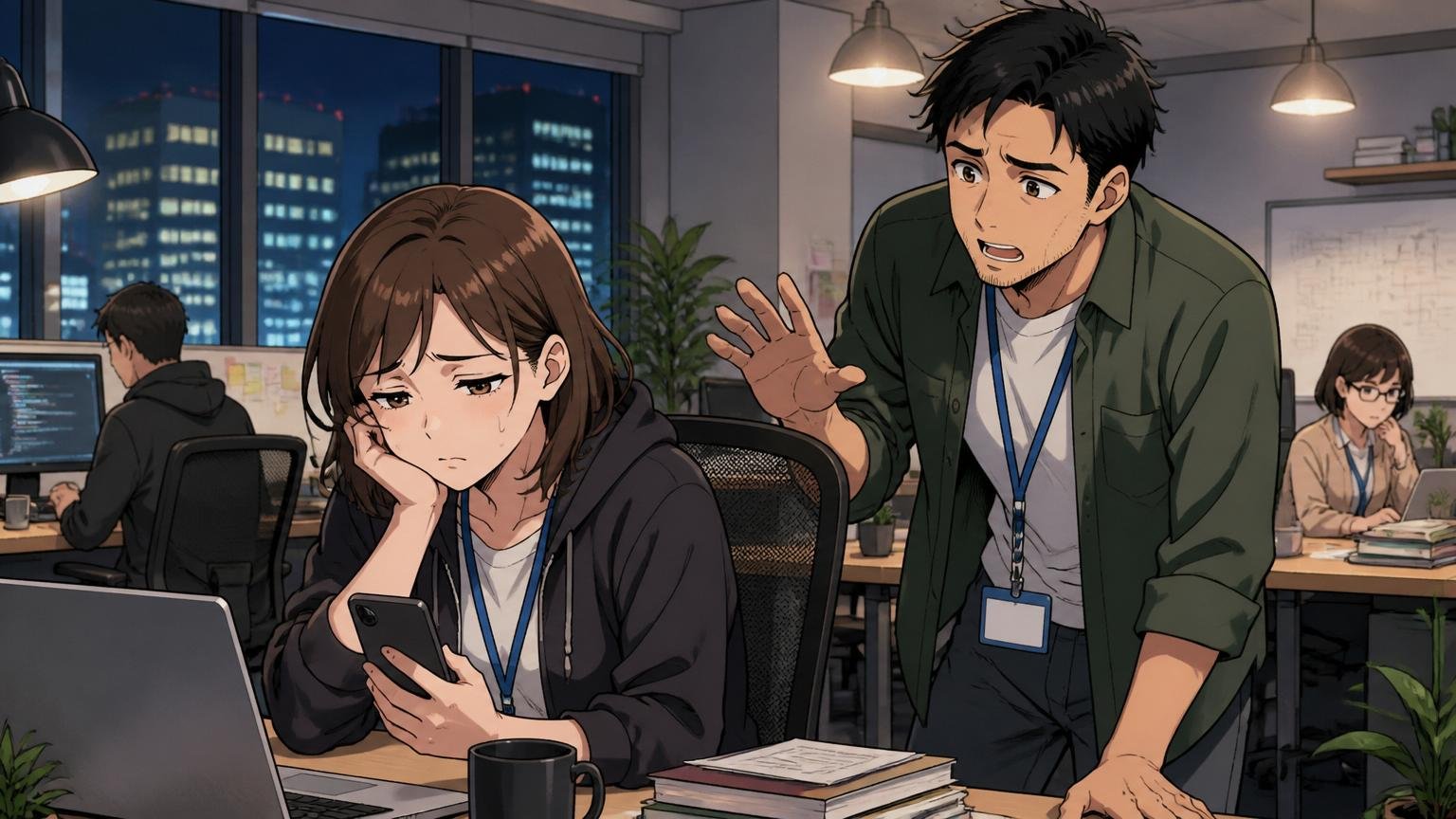 深夜のWeb系スタートアップオフィスでスマホを見ながら肩を落とす30代女性エンジニアと声をかける同僚男性