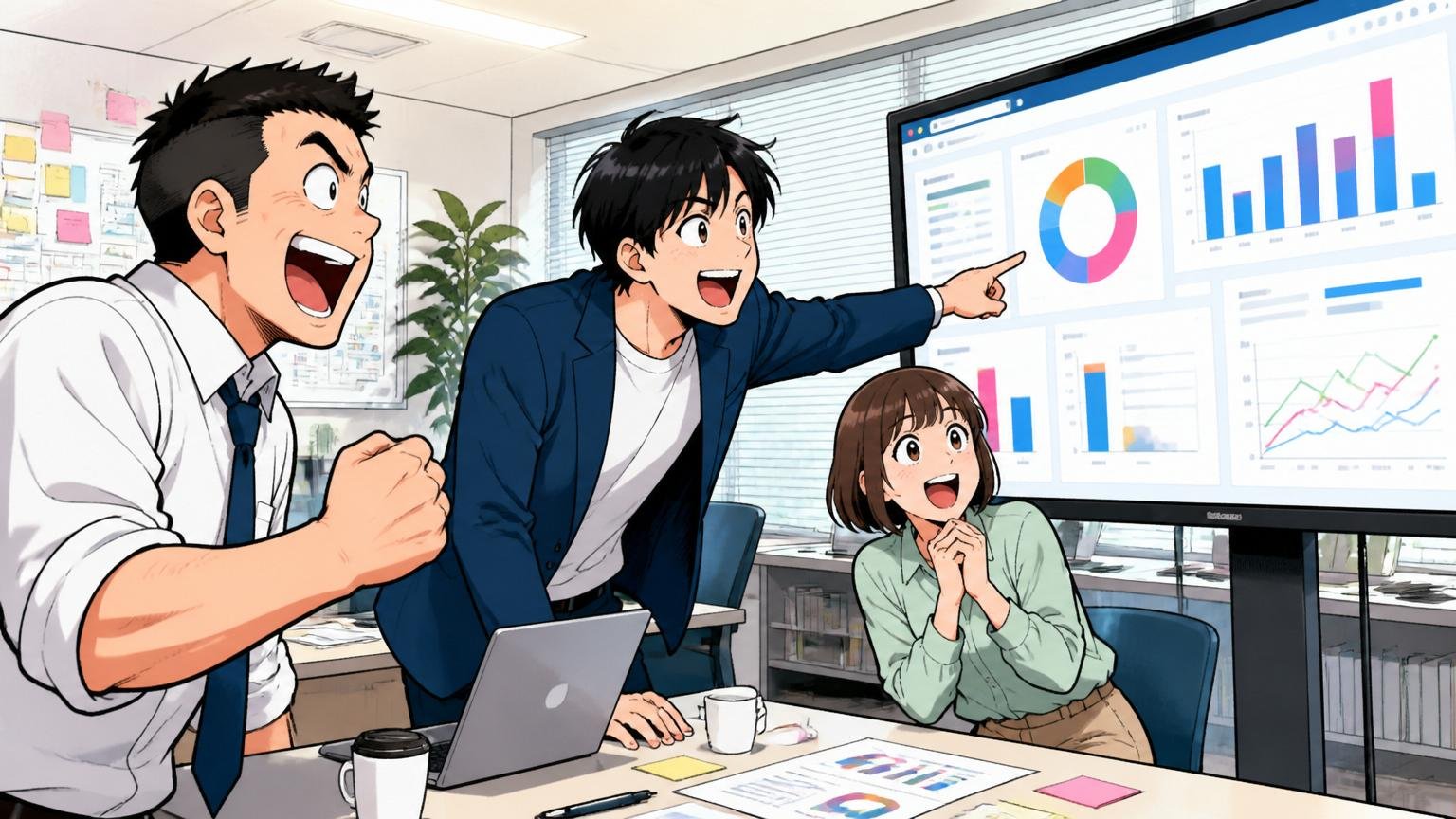 主要な事業セグメント。Web系広告会社のオフィスで社員3人が大きなディスプレイを見る