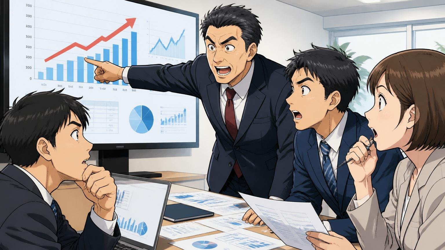 企業の会議室でグラフを指差しながら業績推移を解説する経営層と若手社員が真剣に資料を見つめる場面