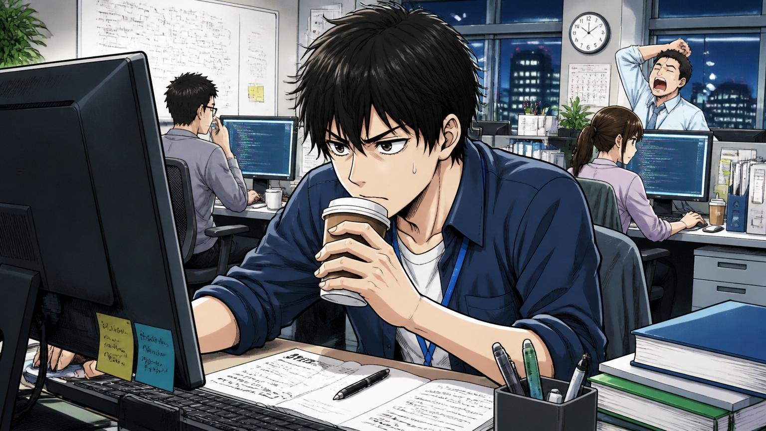 SIerのオフィスで深夜残業中にコーヒー片手にモニターを見つめる若手エンジニア