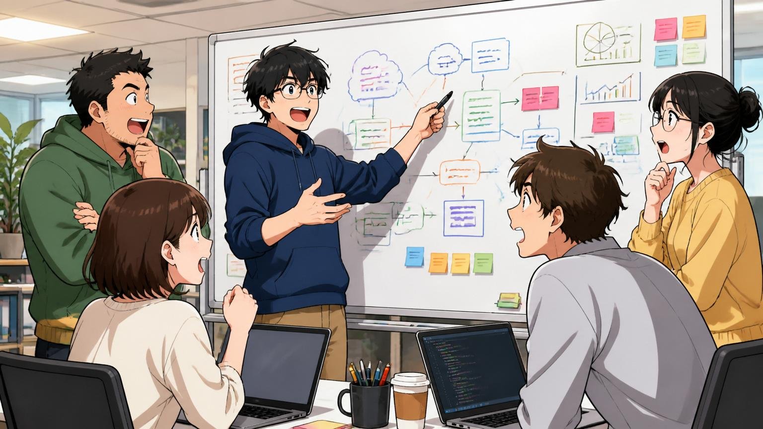 Web系メガベンチャーのオフィスで5人のエンジニアが各事業のホワイトボードを前に説明し合っている場面