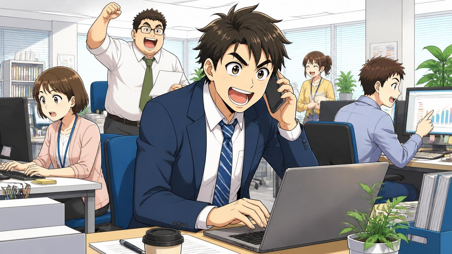 企業のオープンオフィスで複数の社員がそれぞれ違う業務に取り組む活気のある職場風景