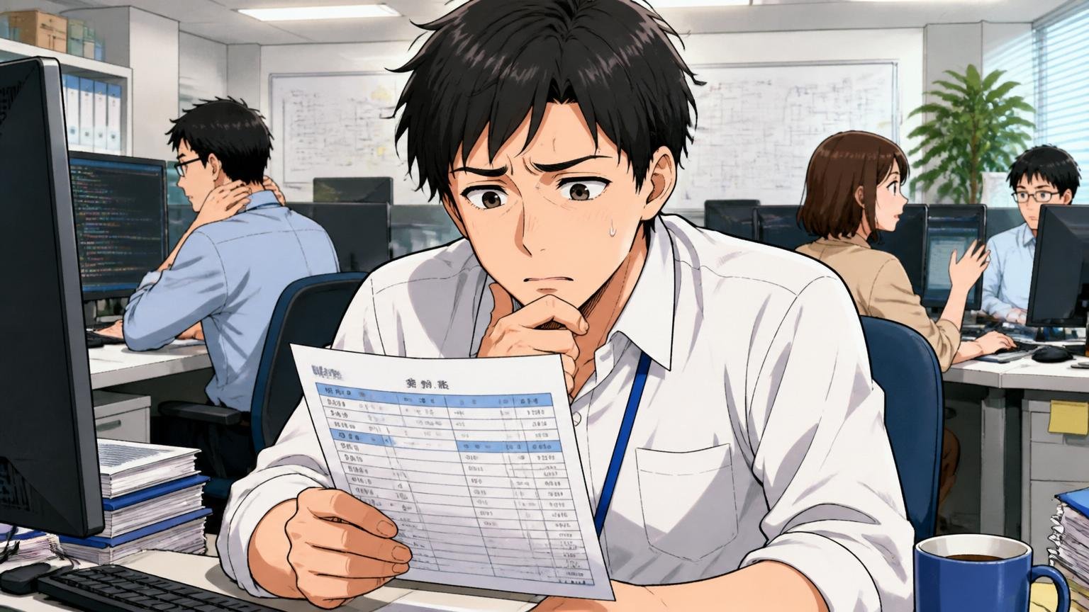平均年収・年代別年収・SIerのオフィスで給与明細を見ながら考え込む30代男性エンジニア1名