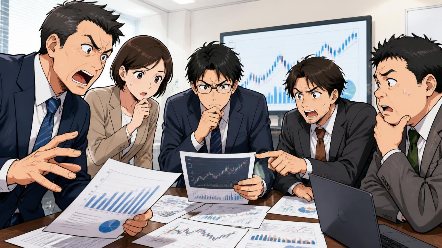 会社情報を確認する場面、企業の会議室で複数人のビジネスパーソンが上場関連資料を見て真剣に議論