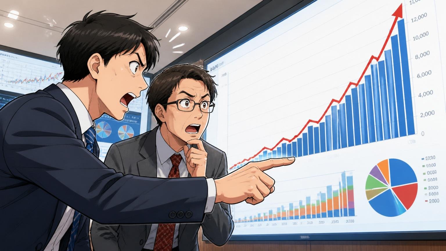 売上1兆円超の業績推移 IRルームでアナリスト2人がグラフを分析する様子