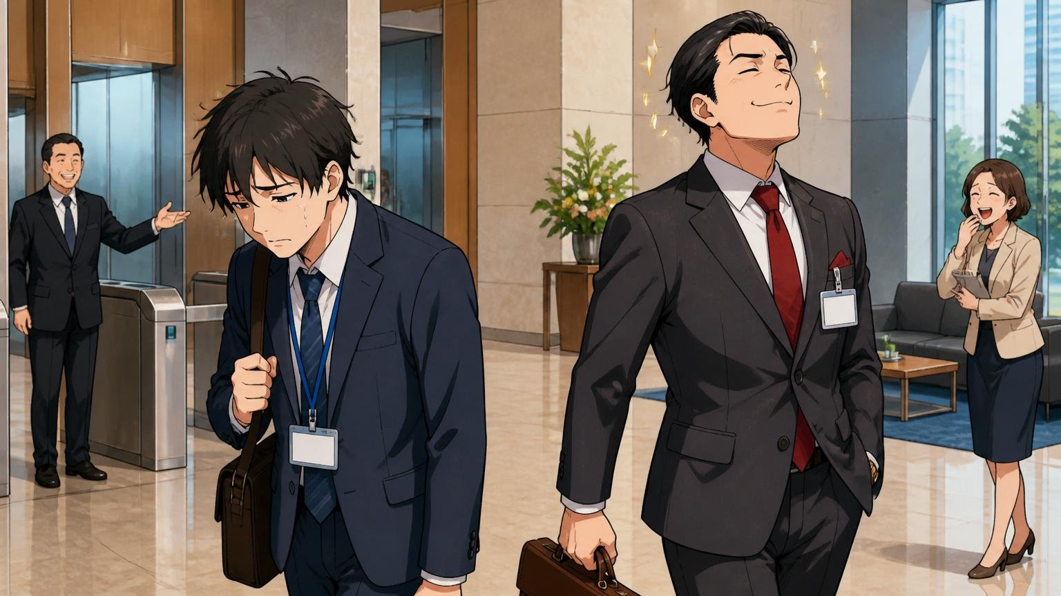 NEC本体との待遇格差。大企業ビルのロビーで本社所属の社員と子会社所属の社員がすれ違う対比的な場面