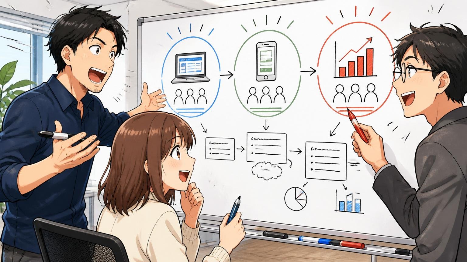 ジーニーの事業構造。Web系企業の会議室で30代男性2人と20代女性1人がホワイトボードに3事業を書き出し議論する表情