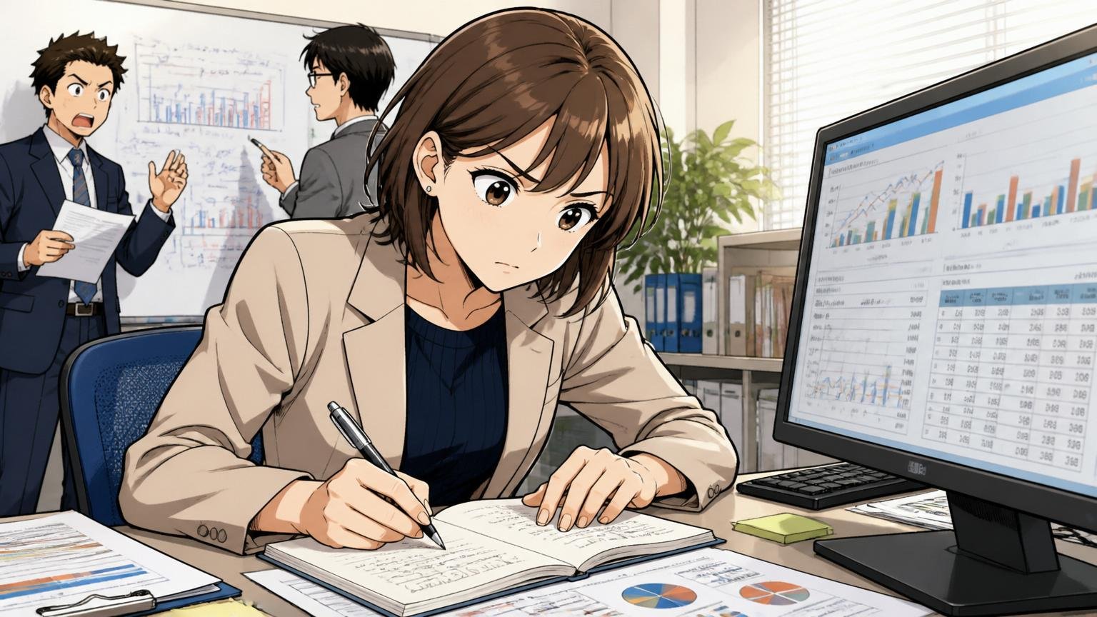 オフィスで競合他社の年収データを比較しながらノートに書き込むコンサル風の女性